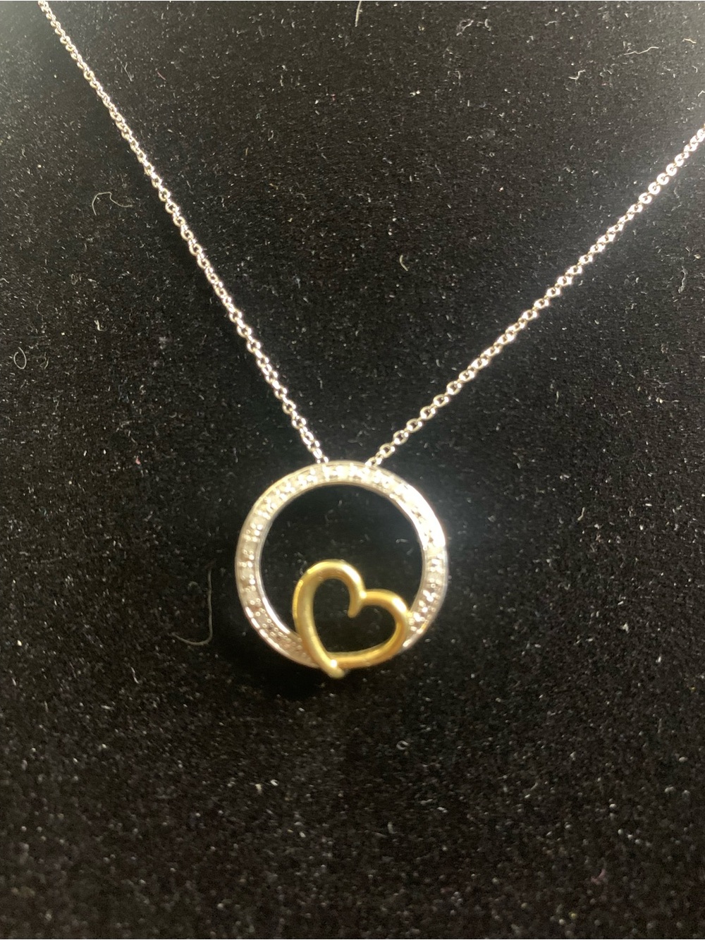 Two-Tone Heart Circle Pendant Necklace - Gold & Silver With Paved Diamonds